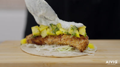 Fish tacos med mangosalat og urtecreme (Premio Dual Airfryer)
