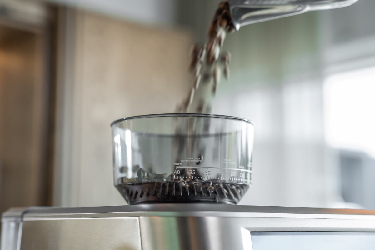 Hele kaffebønner hældes i bønnebeholderen på en espressomaskine